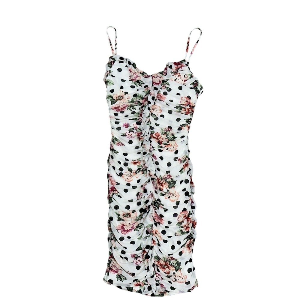 BCX Juniors' Woman's Medium Floral Polka Dot Ruched Ruffled Bodycon Dress NEW